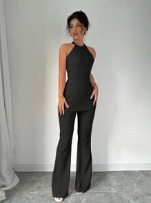 Elenzga Solid Color Sleeveless Women's Top & Pants Set