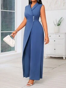 SHEIN Lady Plus Size Women's Blue Sleeveless Wide Leg Jumpsuit With Cross Neck And Pearl Decor Concert Women Outfit Women Jumpsuit Four Seasons Work Outfits For Women Women's Summer Clothes Classy Outfits For Women Office Outfits For Women Work Clothes Women Women Summer Clothes Business Casual Woman Summer Outfits For Women