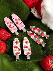 Strawberry Shortcake X SHEIN 6 pièces de clips à cheveux sans plis avec motifs de personnages de dessins animés, de fleurs et de fraises. Ne laisse pas de marques, convient pour se laver le visage, le maquillage, le port quotidien et l'assortiment extérieur. Barrettes à cheveux.