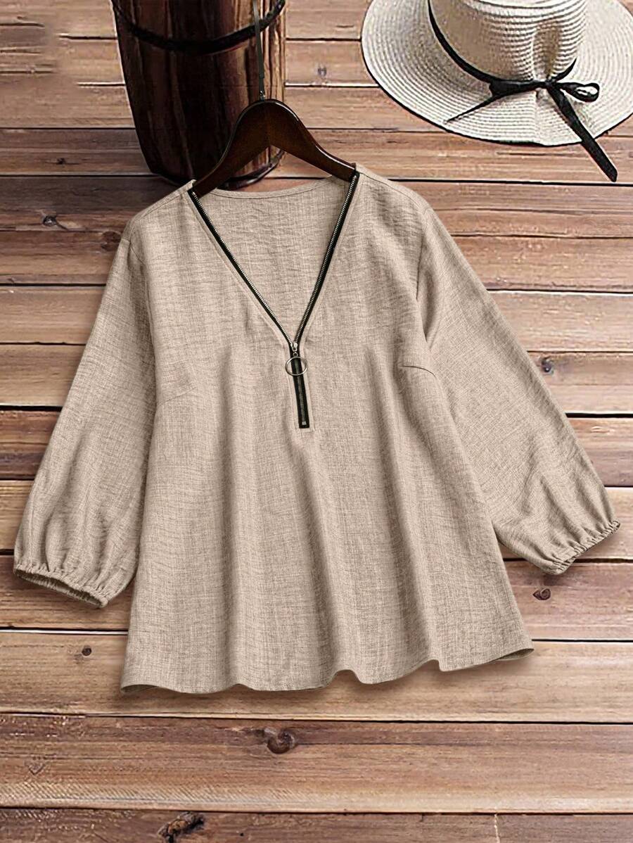 EMERY ROSE Áo sơ mi cổ chữ V có khóa kéo giải trí - Màu Khaki - Xem 1