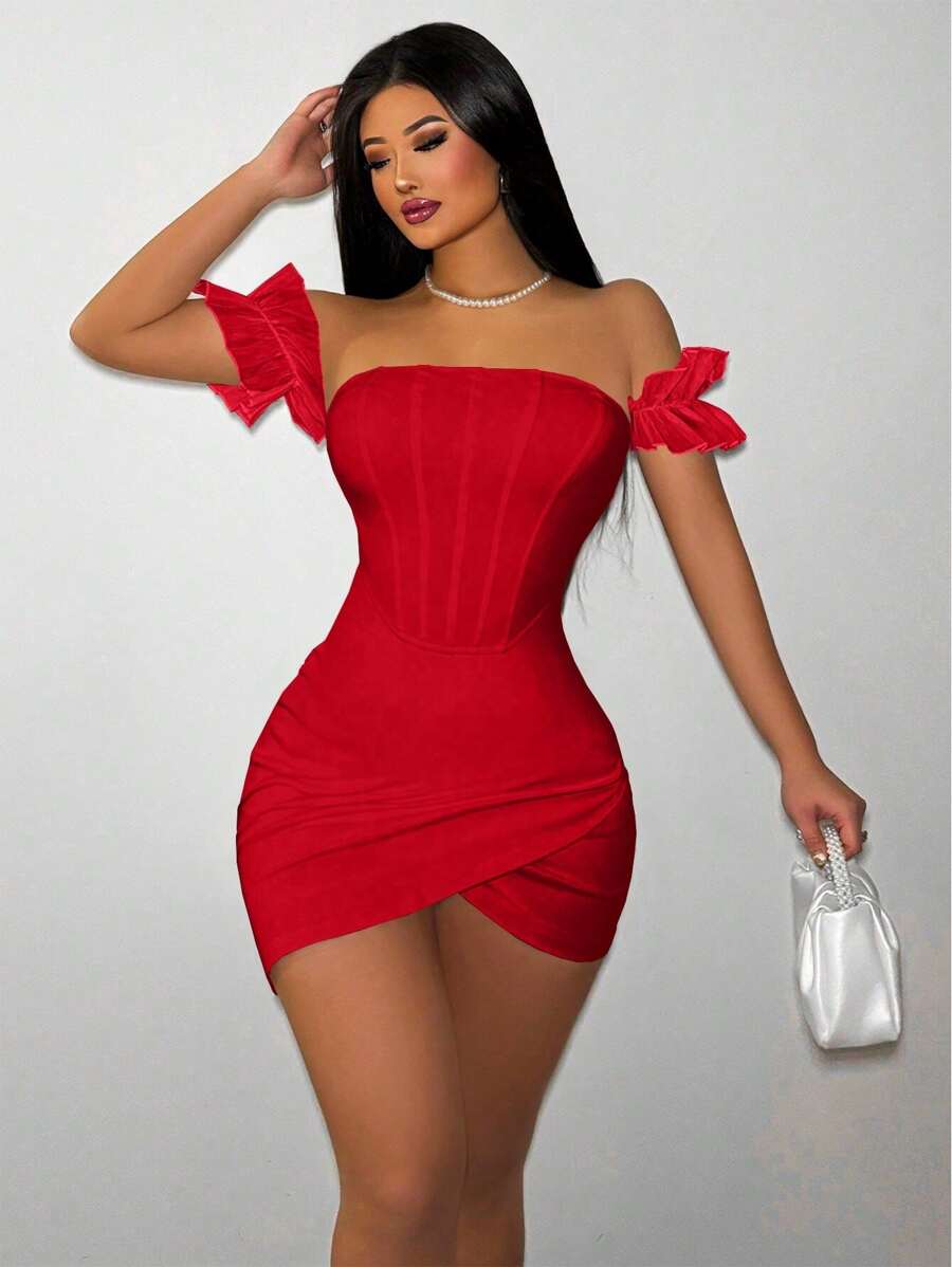 VaVaBold 女士夏季性感露肩裹身修身迷你连衣裙，适合新年穿着 - 紅色 - 查看 1