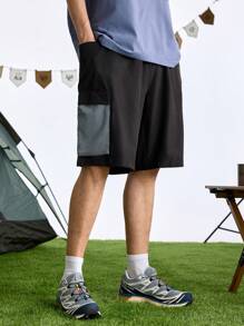 In My Nature 男士前系带口袋纯色拼接运动短裤日常休闲校园黑色短裤 - 黑色 - 查看 6