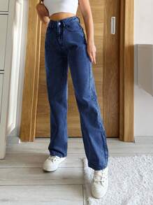 SHEIN PETITE High Waist Straight Leg Jeans - Blue - View 4