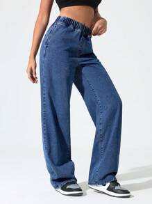 SHEIN Tall 弹性腰部口袋休闲直筒洗水牛仔裤 - 深色水洗藍 - 查看 4