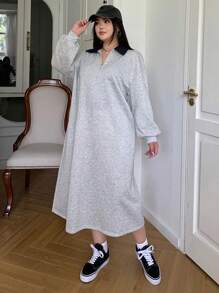 Dazy Petite Plus Plus Size Grey Polo Collar Solid Color Long Dress Shirt Dress,Fall Clothes Long Sleeve Dress - Grey - View 3