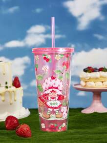 Strawberry Shortcake X SHEIN 650 Ml Cartoon Figure & Strawberry Pattern Transparent Double Layer Cup With Straw,Gift Ideas - Red - View 5