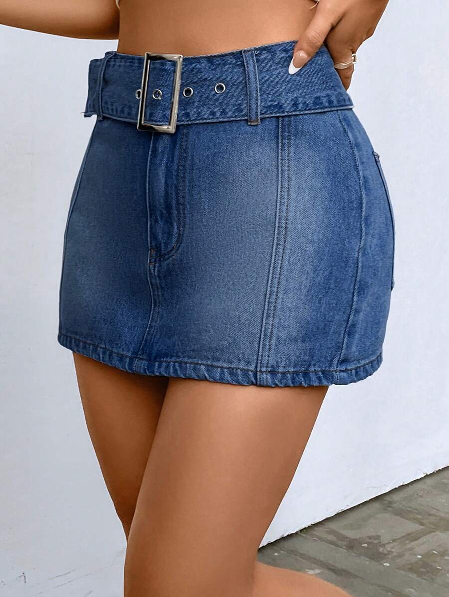 SHEIN EZwear 女士休闲简约牛仔迷你裙，适合日常穿着，夏季 - 中等水洗藍 - 查看 1