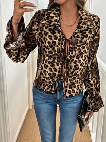 SHEIN Clasi Leopard Print Casual Shirt With Flare Sleeves For Spring/Autumn - Khaki - View 7