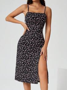 SHEIN PETITE Floral Print Slit Strap Dress, Summer