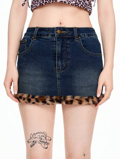 Fairycore Falda de mezclilla con estampado de leopardo plush de verano estilo Y2K, escolar