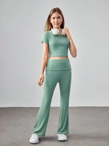 SHEIN Teenage Girl's Knitted Solid Color Ribbed Short Sleeve T-Shirt And Flared Pants Casual Sports Two-Piece Set - Green - View 1