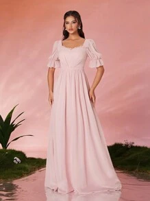 Mgiacy Sweetheart Neck Elegant Pearl Chiffon Flounced Sleeve Maxi Evening Dress, Luxury High-End,Bridesmaid Dress - 粉色 - 查看 4