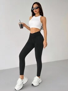 SHEIN PETITE Solid Color Black High Waisted Fleece Leggings - Black - View 7