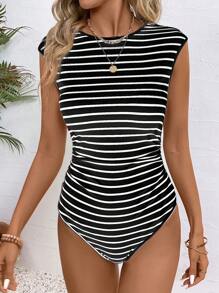 SHEIN LUNE 1 件女士休闲黑白条纹圆领短袖紧身衣 - 黑色 - 查看 4