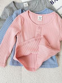 SHEIN 3pcs Baby Girl Casual Cute Versatile Solid Color Knit Elastic Long Sleeve Top Set