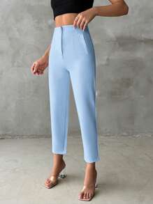 Women's Solid Color High Waist Straight Casual Cropped Trousers - Blue - View 3