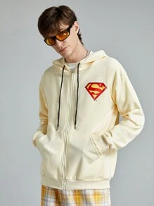 ROMWE MEN SUPERMAN X ROMWE Men's Anime Character & Japanese Text Printed Loose Fit Drawstring Zip-Up Hoodie, Spring Autumn