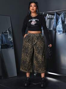 SHEIN ICON Quần jean ống rộng họa tiết da báo cỡ lớn thông thường - Nhiều màu - Xem 3