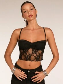 SHEIN BAE White & Black Contrast Ruffle Trim Spaghetti Strap Style Crop Top, Casual Tank Top For Women - Black - View 4