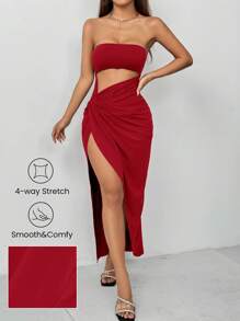 SHEIN PETITE 鏤空扭結前襟大腿開衩高彈力洋裝，適合嬌小女性 - 紅色 - 查看 6