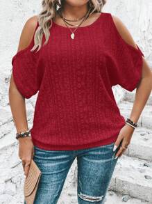 SHEIN LUNE Plus Size Casual Solid Color Hollow Embroidery Open Shoulder T-Shirt - Red - View 4