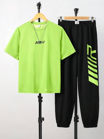 SHEIN 2pcs/Set Teen Boys Casual Minimalist Letter Print Crew Neck Pullover Outfit, Suitable For Summer, Sports, Running, Outdoor