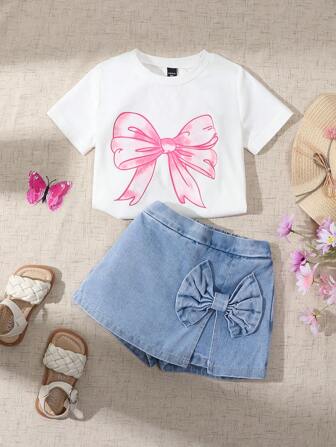 Souflis Souflis 2 pièces Ensemble T-shirt graphique rose fuchsia ample et doux pour jeune fille & Jupe-short en jean 2 en 1