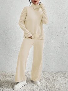 Chiquease Women's Solid Color Turtleneck Dropped Shoulder Long Sleeve Sweater And Knit Pants Set, Autumn Winter