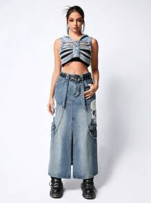 ROMWE Grunge Punk Falda vaquera larga para mujer con borde dividido, decoración de metal punk, bordado de esqueleto, casual para la escuela