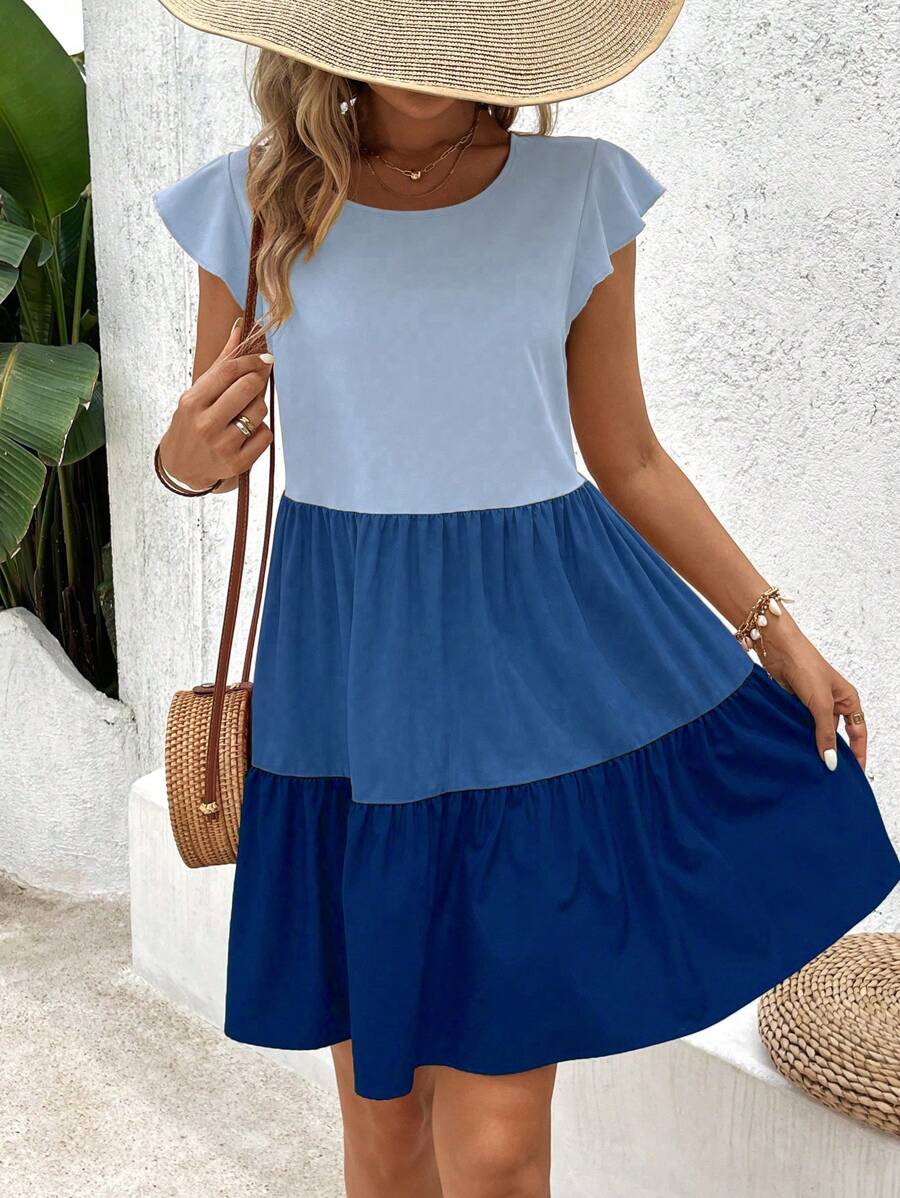 Breezaya Vacation Casual A-Line Cap Sleeve Round Neck Colorblock Patchwork Dress