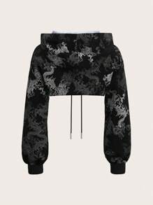 SHEIN ICON 女士时尚印花短款连帽衫 - 黑色 - 查看 2