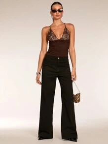 SHEIN BAE 夏季女士度假维多利亚撞色蕾丝白色束身胸衣，外出上衣，锐舞音乐节，婚礼宾客夏季装扮，夏季背心 - 咖啡棕 - 查看 5