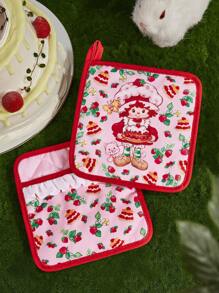 Strawberry Shortcake X SHEIN 1pc Cartoon Character & Strawberry Print Ruffle Trim Heat-Resistant Placemat