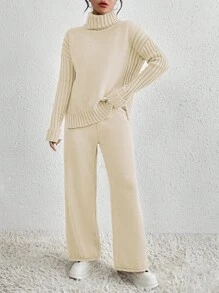 Chiquease Women's Solid Color Turtleneck Dropped Shoulder Long Sleeve Sweater And Knit Pants Set, Autumn Winter