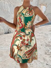 Breezaya All-Over Print Halter Neck Knotted Sleeveless Summer Dress - Multicolor - View 5