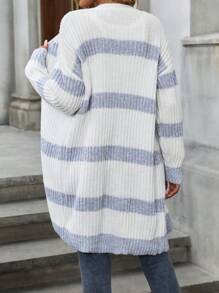 SHEIN LUNE 女式长袖条纹开衫，纽扣设计，休闲日常时尚撞色 - 彩色 - 查看 2