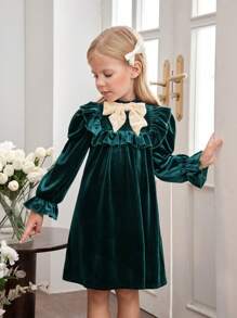 SHEIN Young Girl Knitted Flocking Small Stand Collar Bow Casual Dress, For Christmas - Green - View 4