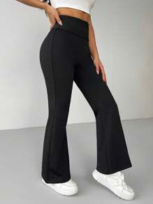 SHEIN PETITE Leggings acampanados de unicolor para mujeres con dobladillo, elásticos, con forro térmico de microbotas - Gris - Ver 6