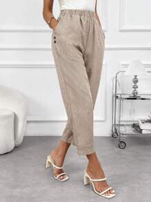 EMERY ROSE Women's Solid Color Linen Elastic Waist Pocket Pants - Apricot - View 1