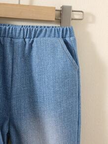 SHEIN 2 Cái/bộ Áo khoác hiệu ứng denim thông thường cho bé gái và bé trai màu xanh ombre và trang phục quần thể thao vừa vặn, thích hợp cho trường học, gia đình và ngoài trời - Màu xanh lam - Xem 5