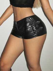 GloRilla x SHEIN ICON Y2k Black Tight Fit PU Low-Waist Decorated Ultra-Short Shorts Rave Festival Outfits