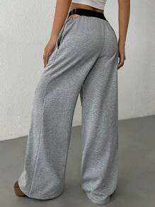 SHEIN EZwear Pantalones anchos casuales y versátiles de 2 en 1 con entrepierna ancha de punto gris para mujer