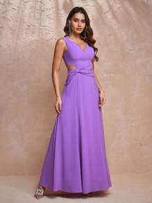 ACUSTOMFIT Designer Women's Solid Color V-Neck Side Waist Hollow Twist Long Elegant Chiffon Dress,Summer Elegant Dress
