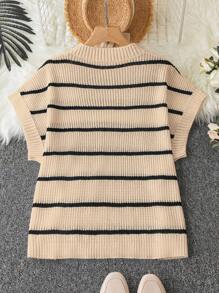 Calvaya Plus Size Striped Print Casual Daily Wear Short Sleeve Knit Top For Summer - Apricot - View 2