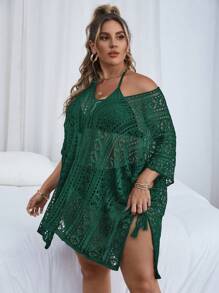 SHEIN Swim Curve Vestido de cubrir de talla grande con tejido de punto calado y unicolor - Verde Oscuro - Ver 4