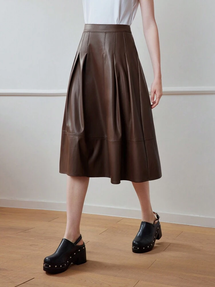 MOTF STUDIO PU LEATHER ZIPPER BACK FLARE MIDI SKIRT