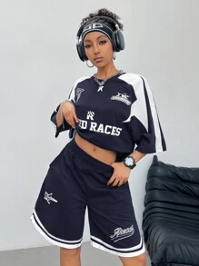 SHEIN Muchic Women's Streetwear Hip Hop Athletic Basketball Shorts T-Shirt - Navy Blue - View 5