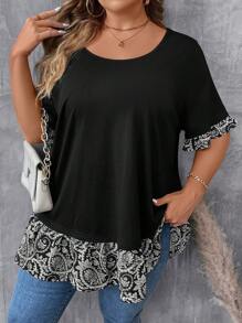 SHEIN CURVE+ Camiseta casual de manga corta con cuello redondo, talla grande para mujer con estampado floral de verano y remiendos