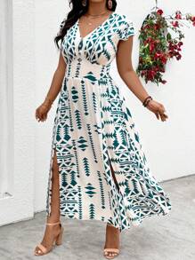 SHEIN Clasi Plus Size V-Neck Short Sleeve All-Over Print Button-Up Split Hem Dress - Multicolor - View 4