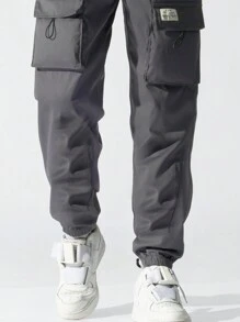 Manfinity Hypemode Men's Loose All-Match Letter Patched Detail Flap Pocket Drawstring Waist Cargo Pants - Dark Grey - View 4